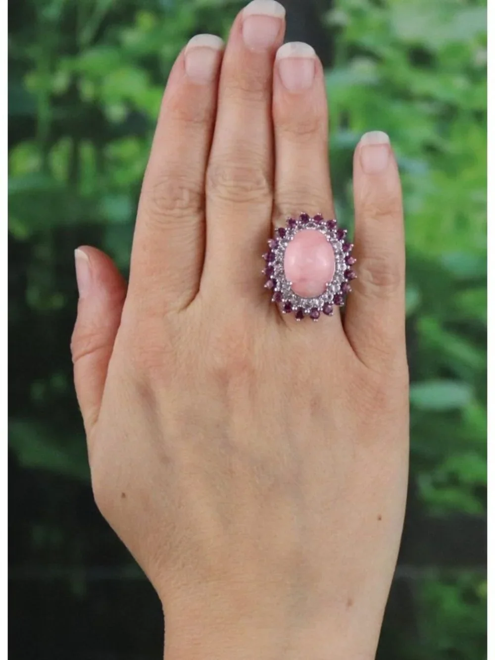 Sterling Silver Pink Opal, White Zircon, & Pink Tourmaline Ring Size 9 1/4